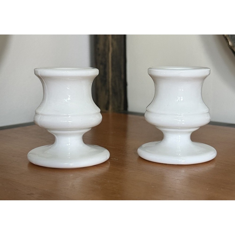Pair Of Colonial Candle Holders White Milk Glass 2 1/2 Inches Classic Vintage